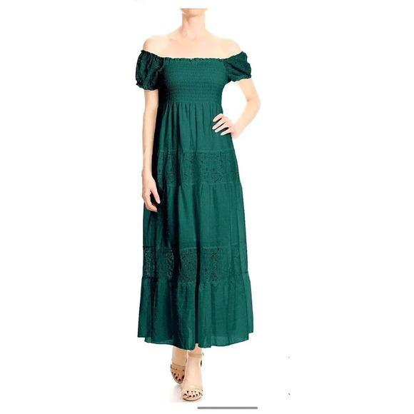 Anna-Kaci Dress Womens L Tiered Off Shoulder Boho Lace Smocked Cottage Core Maxi - Picture 1 of 7